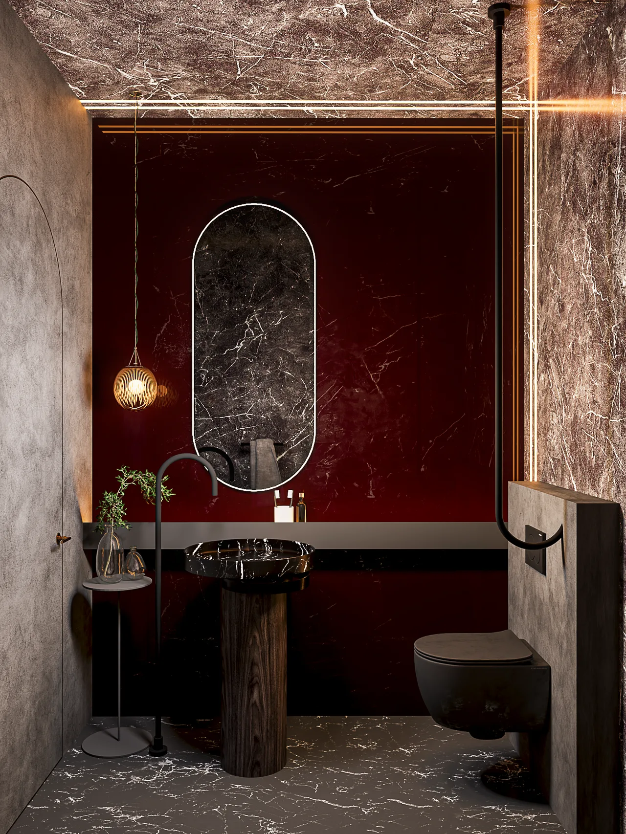 Nour Café Restrooms — Dramatic Marble and Warm Accent Lighting