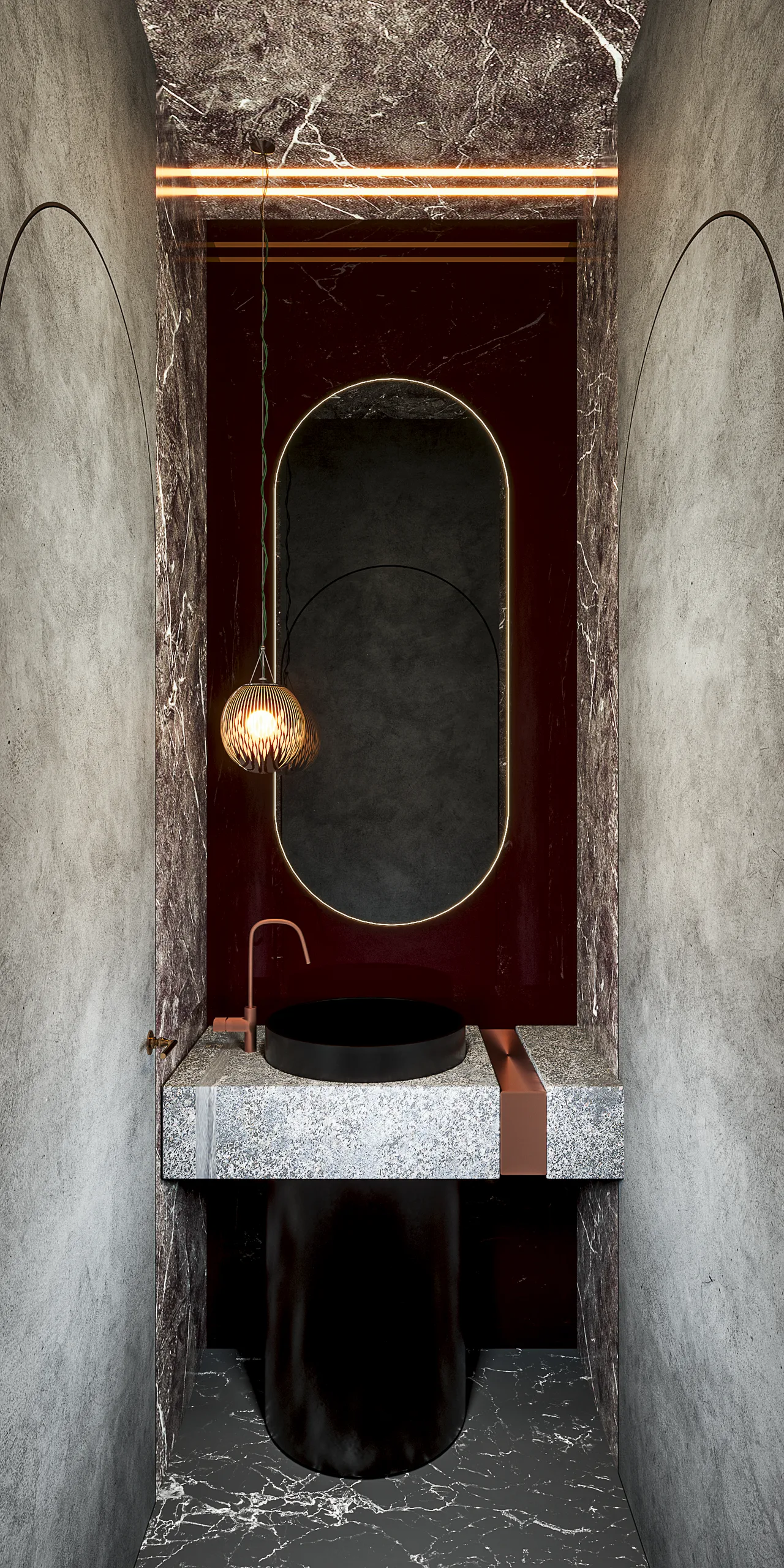 Nour Café Restrooms — Dramatic Marble and Warm Accent Lighting — image 1
