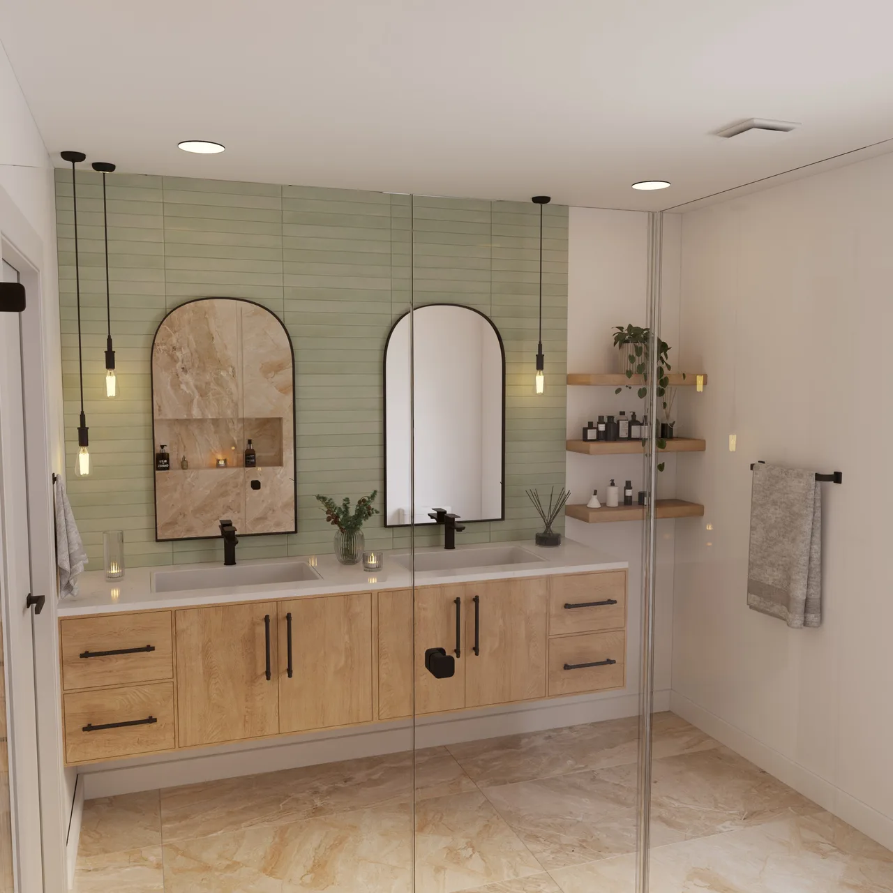 Sage Green Bathroom with a Floating Wood Vanity