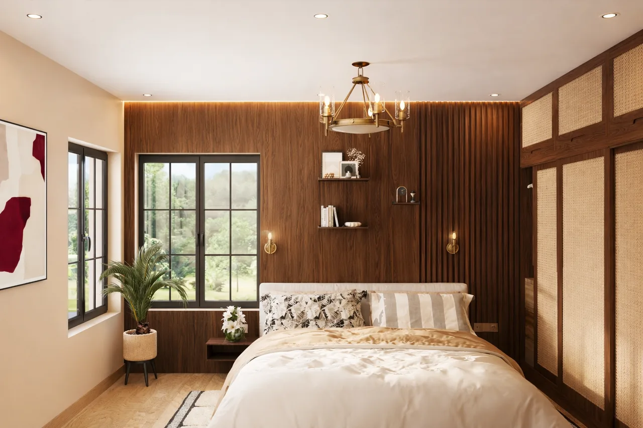 Warm Timber Bedroom with Woven Cane Wardrobes