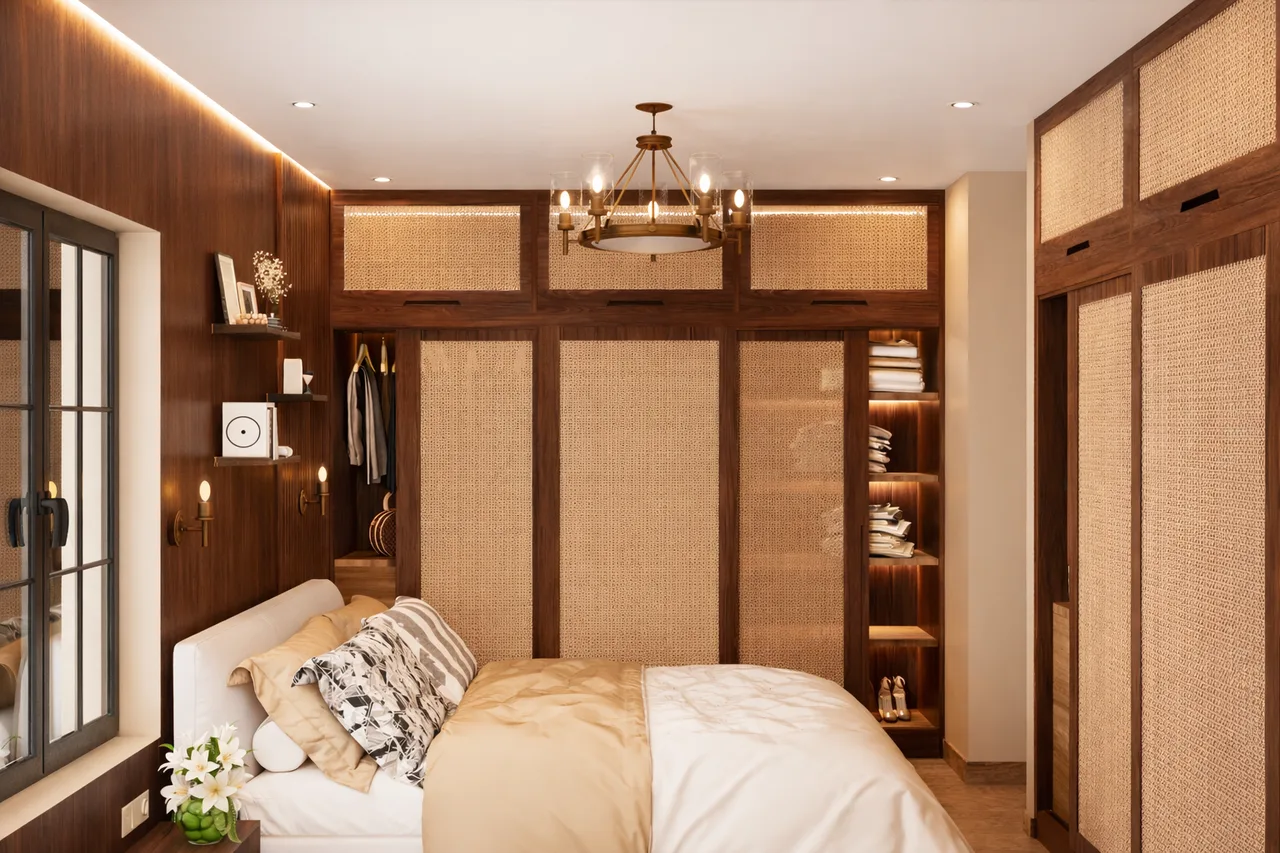 Warm Timber Bedroom with Woven Cane Wardrobes — image 2