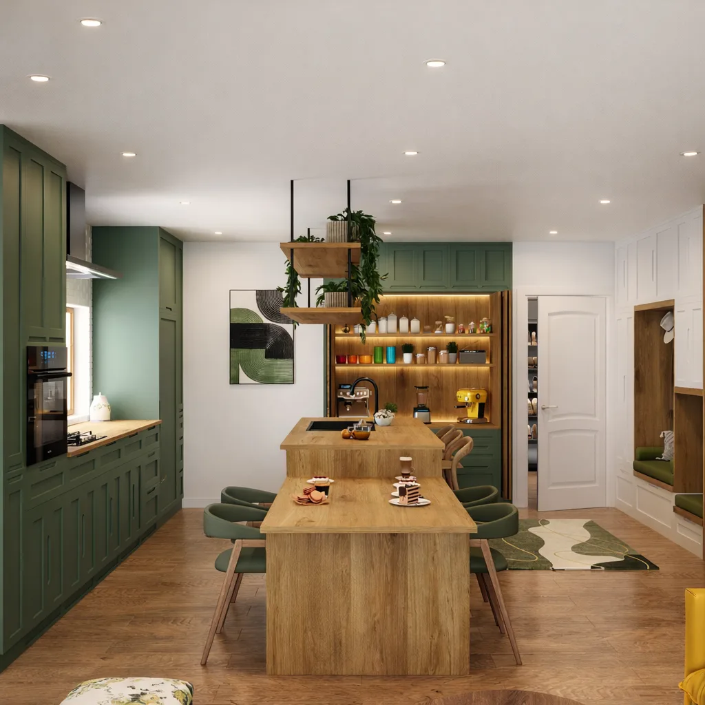Sage Green Kitchen with a Timber Island and Open Shelving — image 2