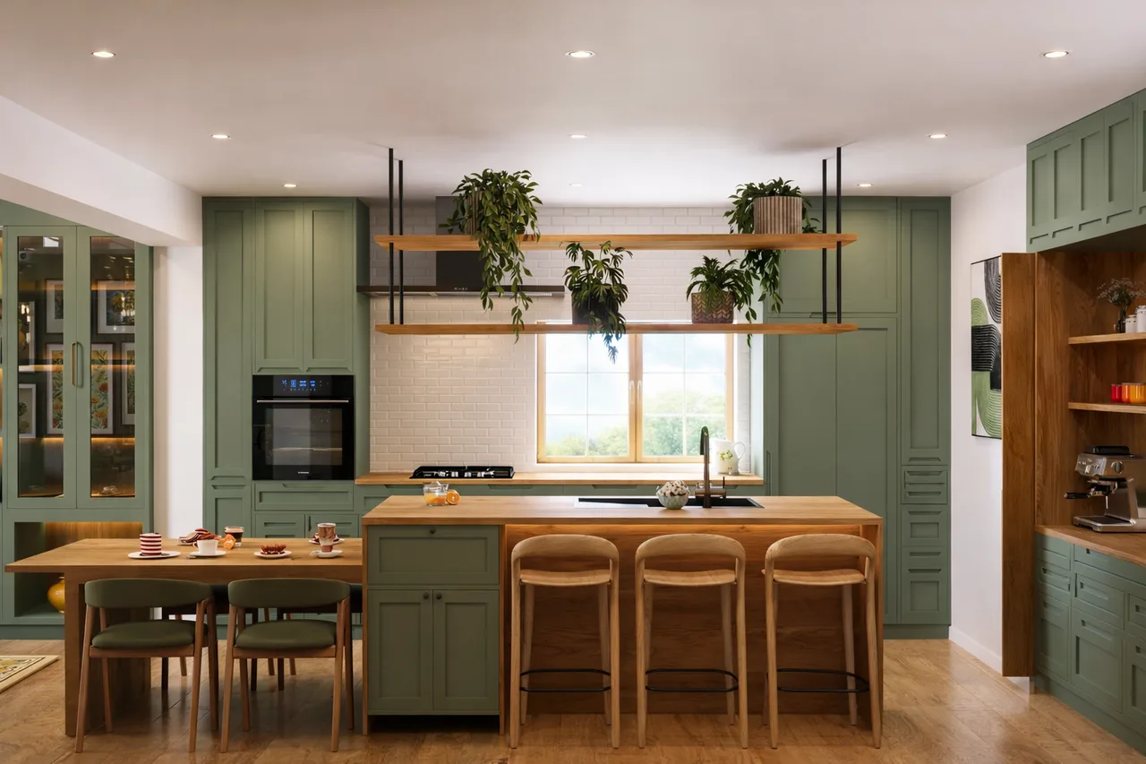 Sage Green Kitchen with a Timber Island and Open Shelving