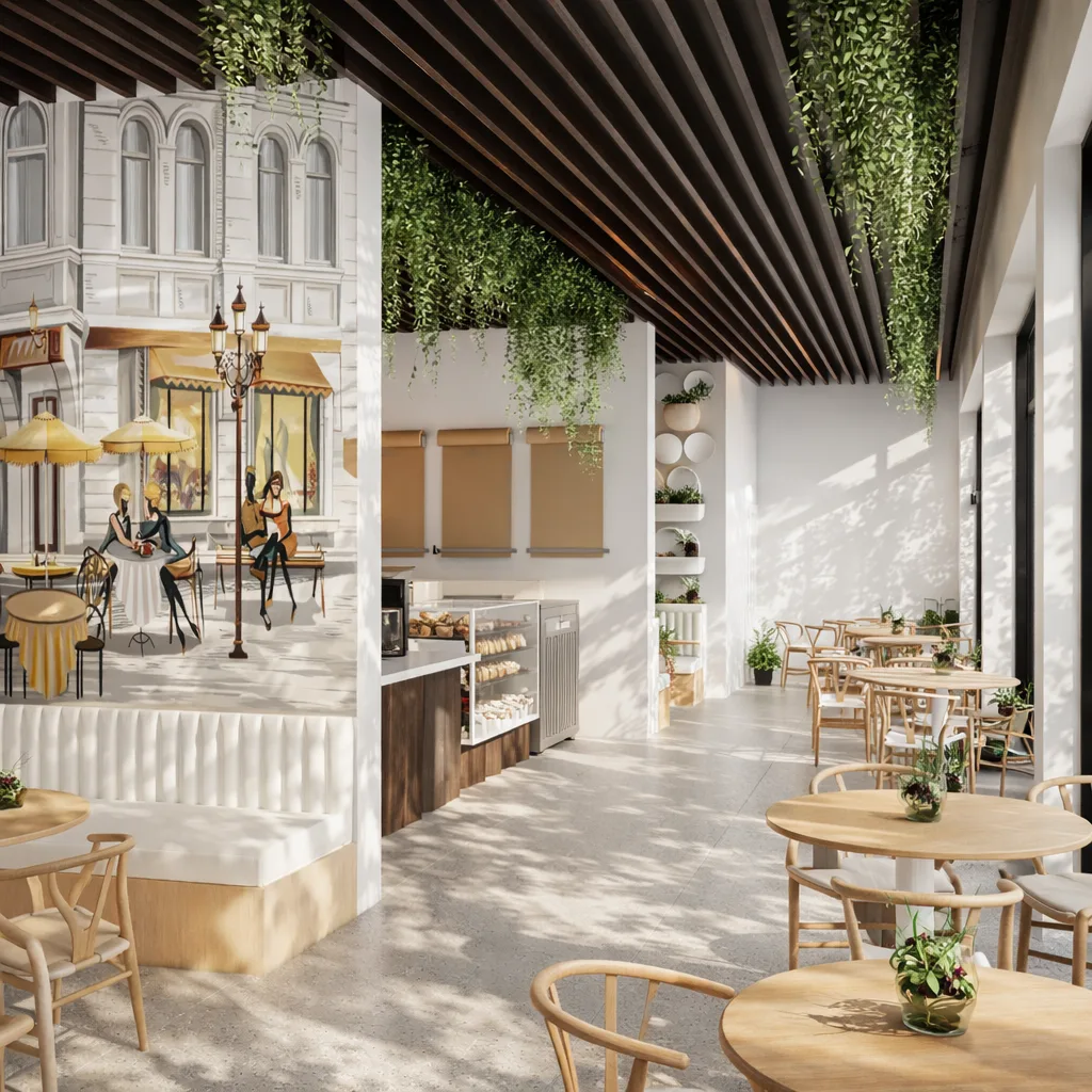 BENNI Café — Sunlit Interior with Timber and Greenery